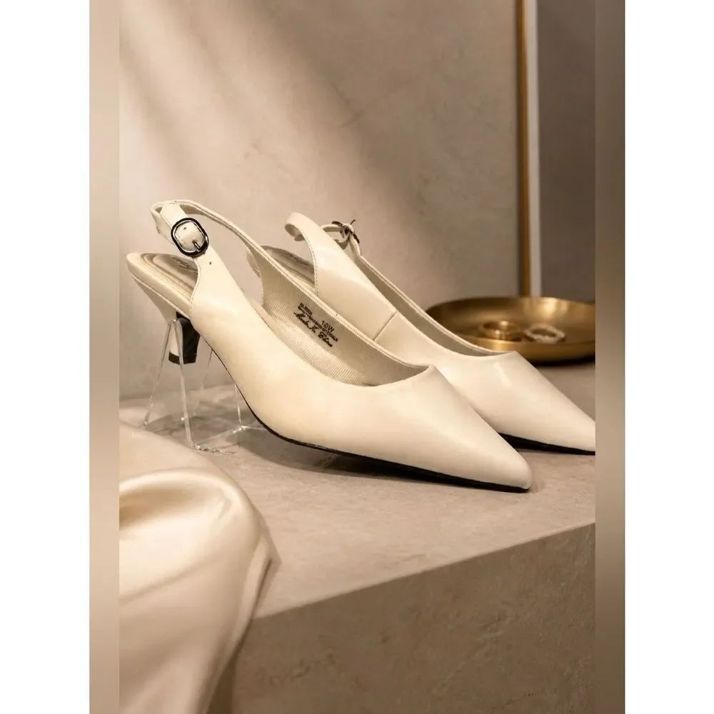 White Pointed Toe Sling-back 2” Heel Size 10W NEW